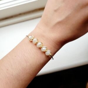 Vintage Dainty Cream Beaded Gold & Silver Bangle Bracelet